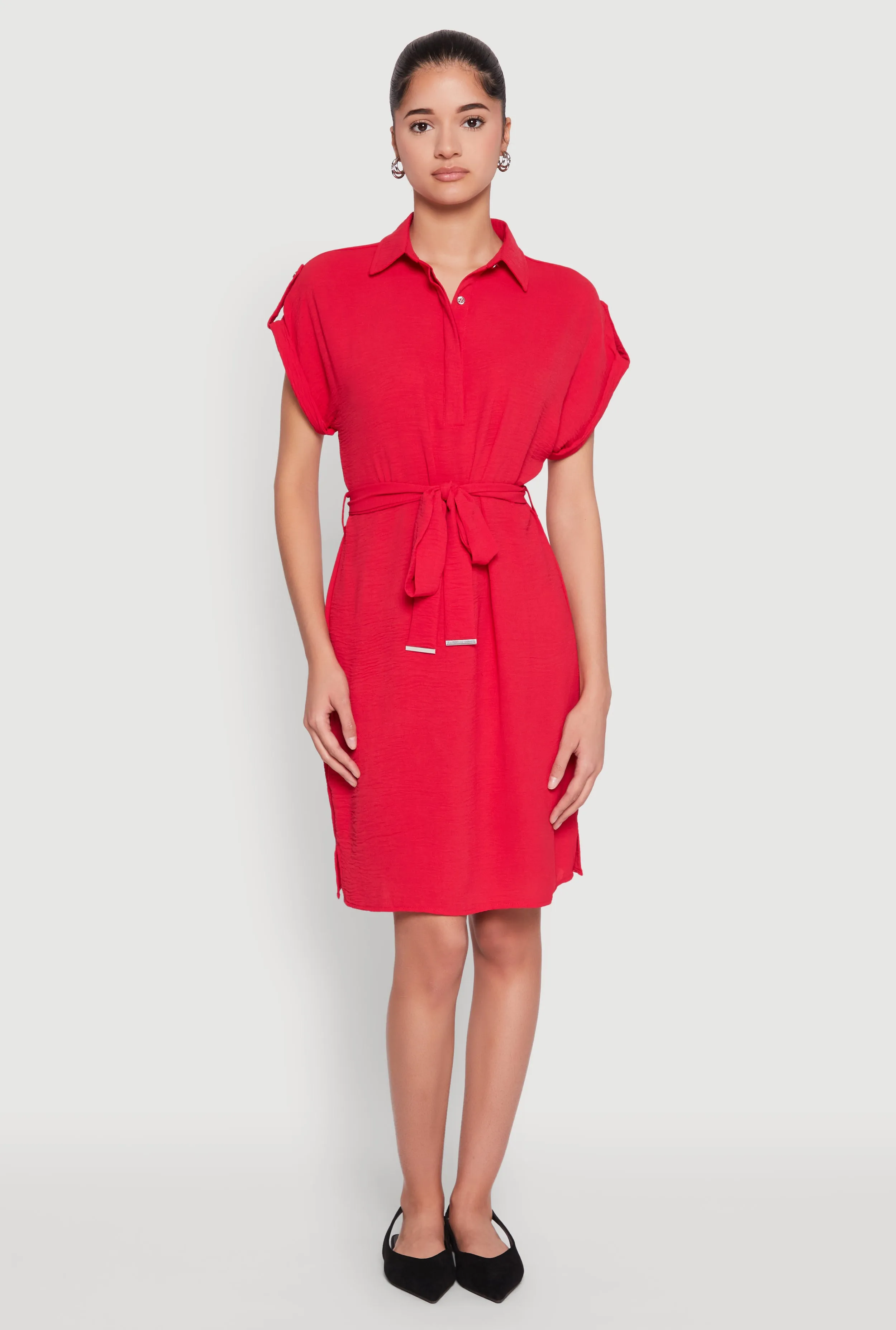 Crepe Knit Tie Waist Belted Shirt Dress sold by Rainbow product image thumbnail 2