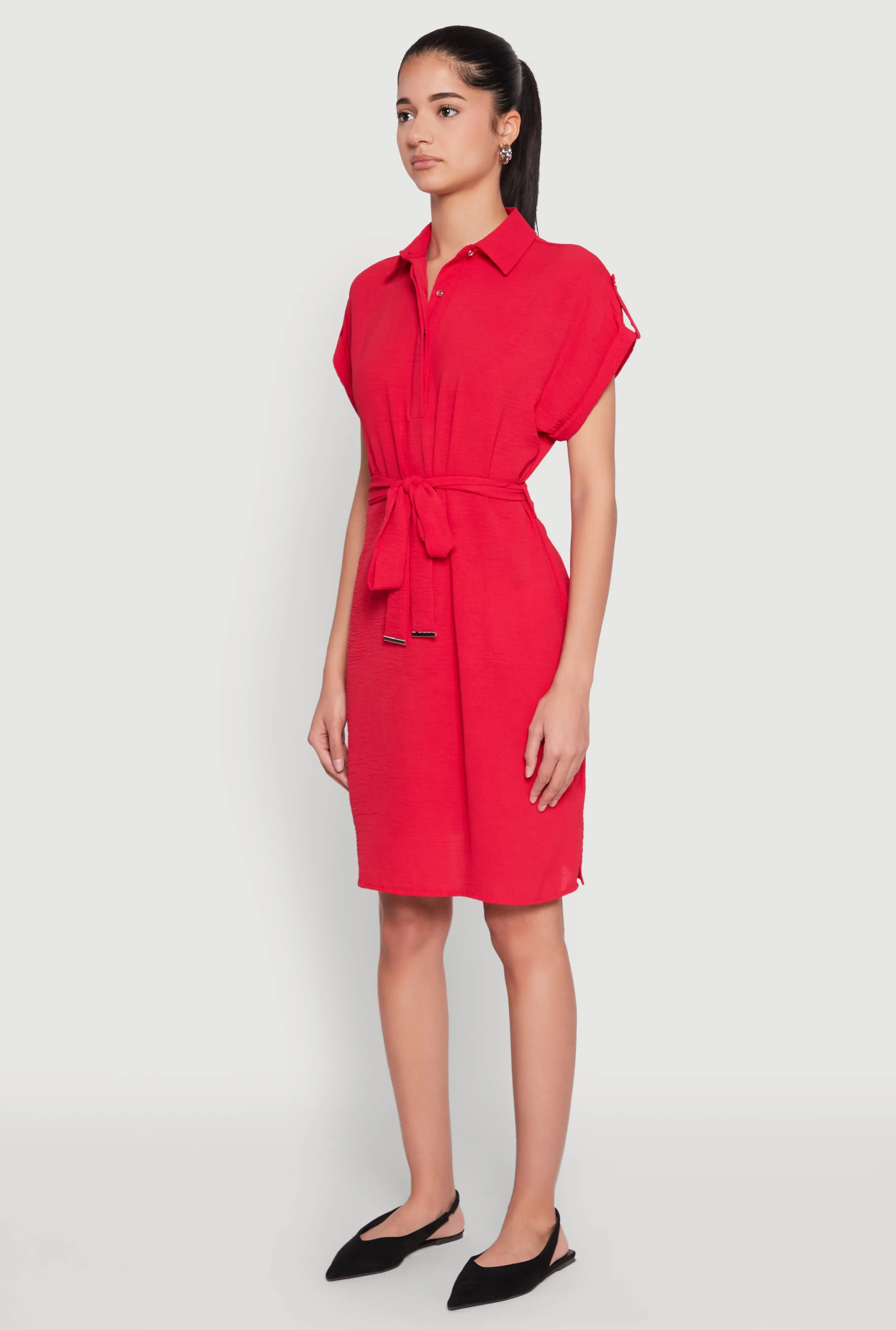 Crepe Knit Tie Waist Belted Shirt Dress sold by Rainbow product image thumbnail 3