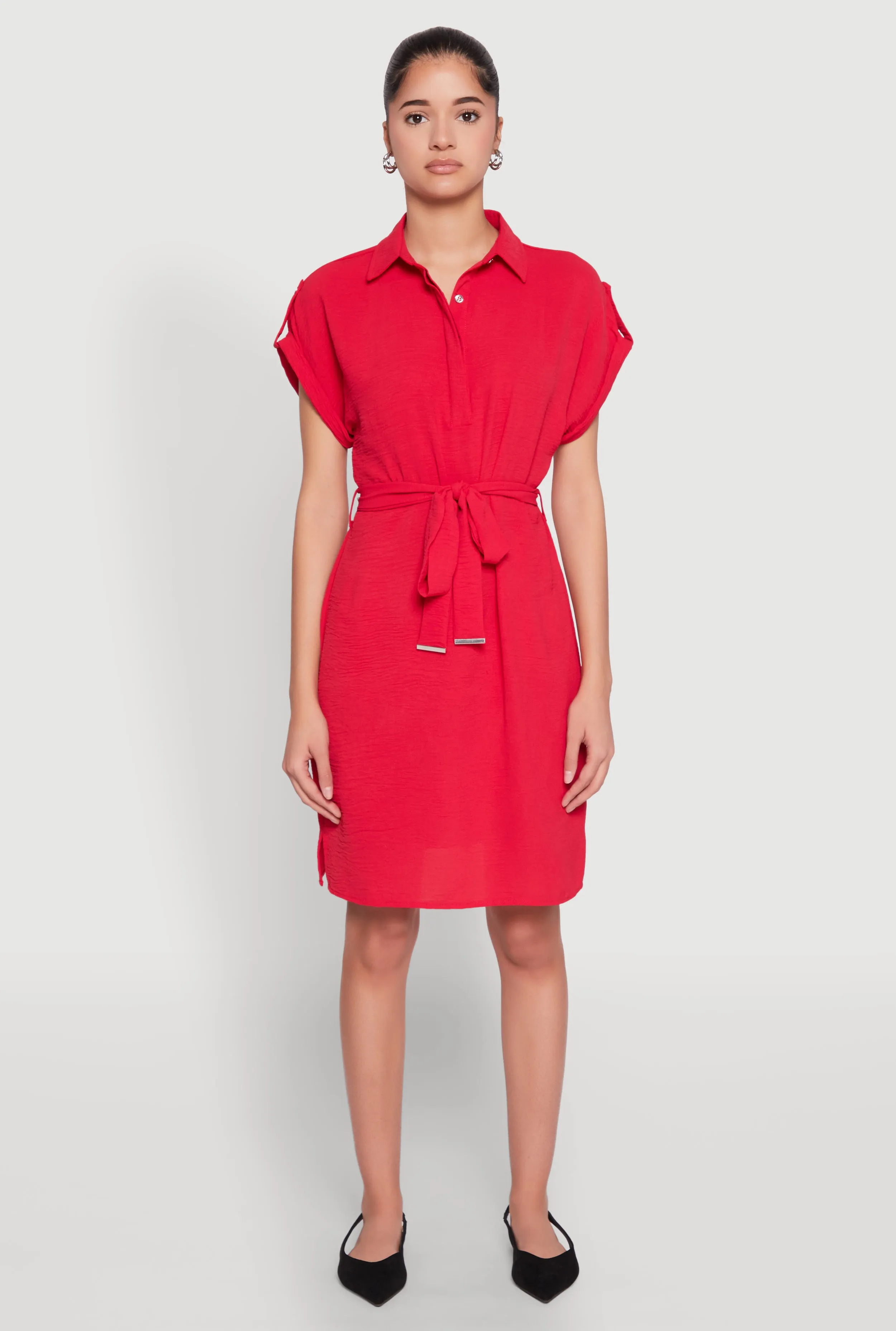 Crepe Knit Tie Waist Belted Shirt Dress sold by Rainbow