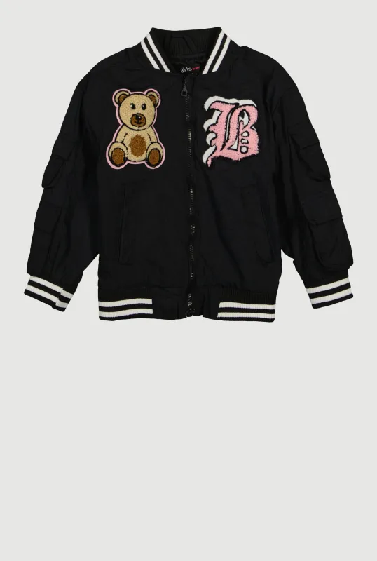 Little Girls Chenille Bear Graphic Bomber Jacket sold by Rainbow