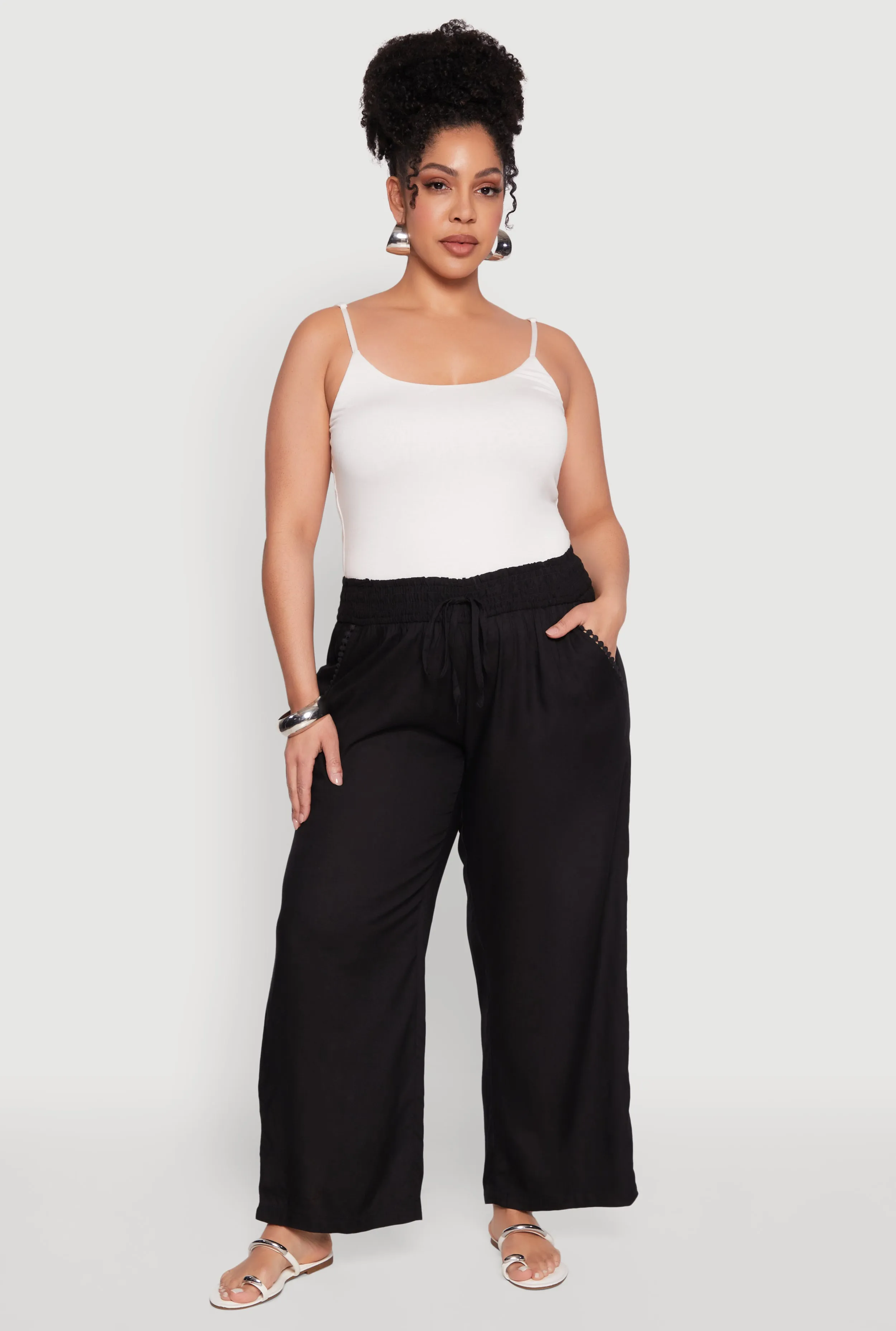 Plus Size Smocked Waist Palazzo Pants sold by Rainbow