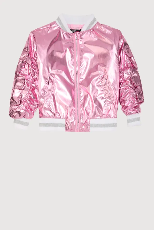 Little Girls Metallic Cargo Pocket Bomber Jacket sold by Rainbow