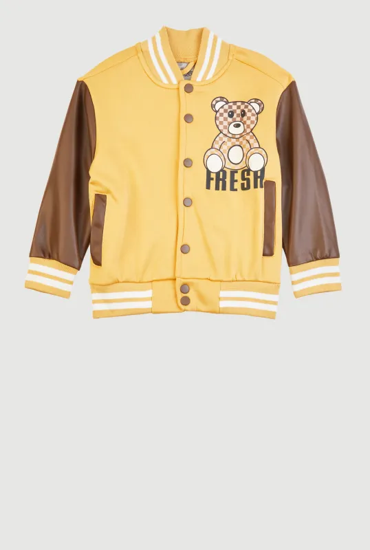 Little Boys Fresh Graphic Faux Leather Sleeve Varsity Jacket sold by Rainbow