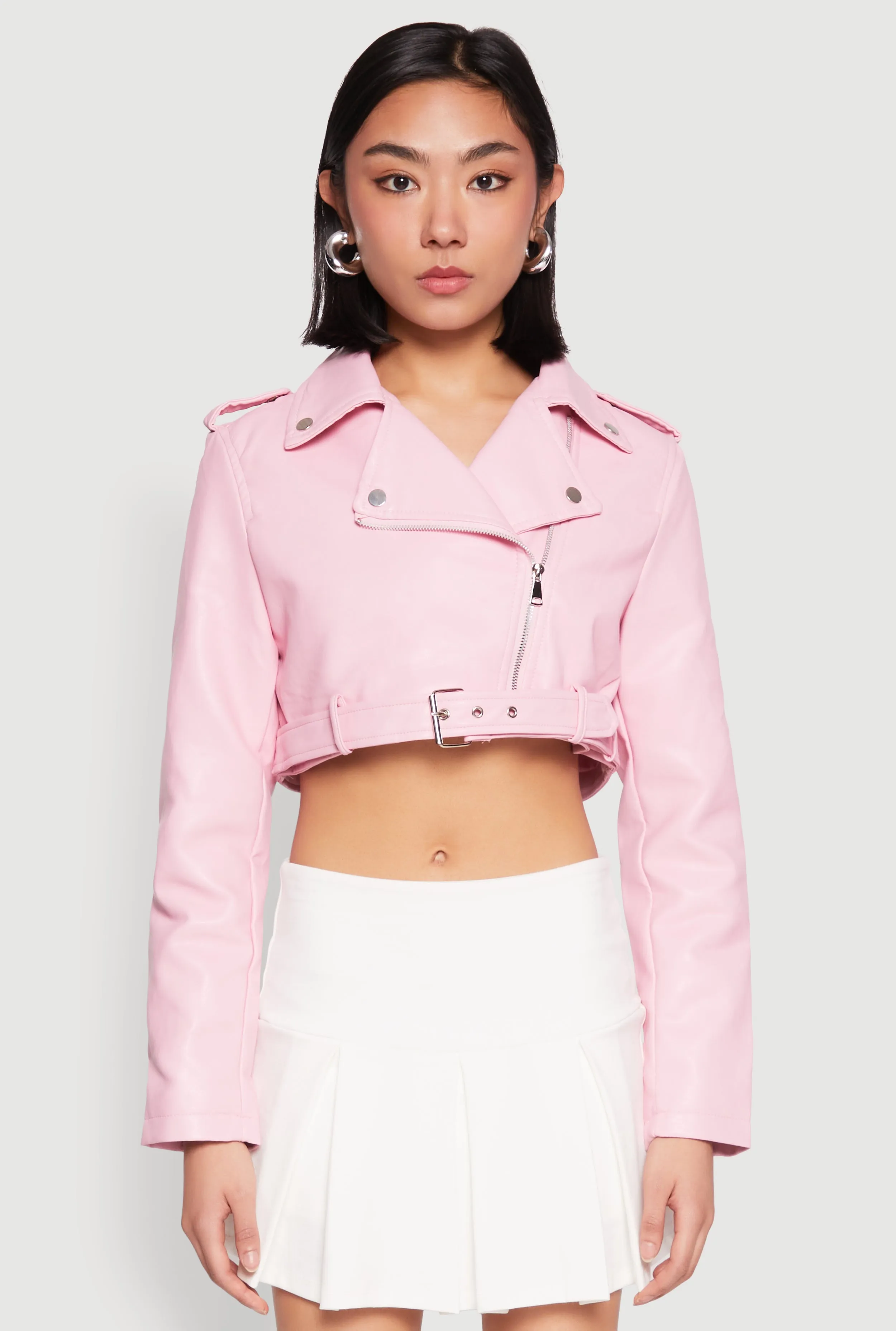 Daisy Faux Leather Belted Front Cropped Moto Jacket sold by Rainbow product image thumbnail 2