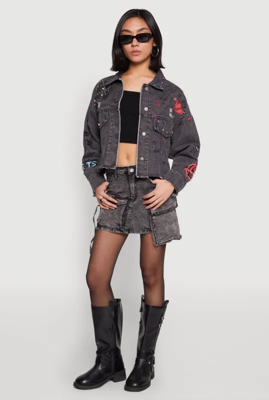Daisy Gemstone Studded Graffiti Denim Jacket sold by Rainbow