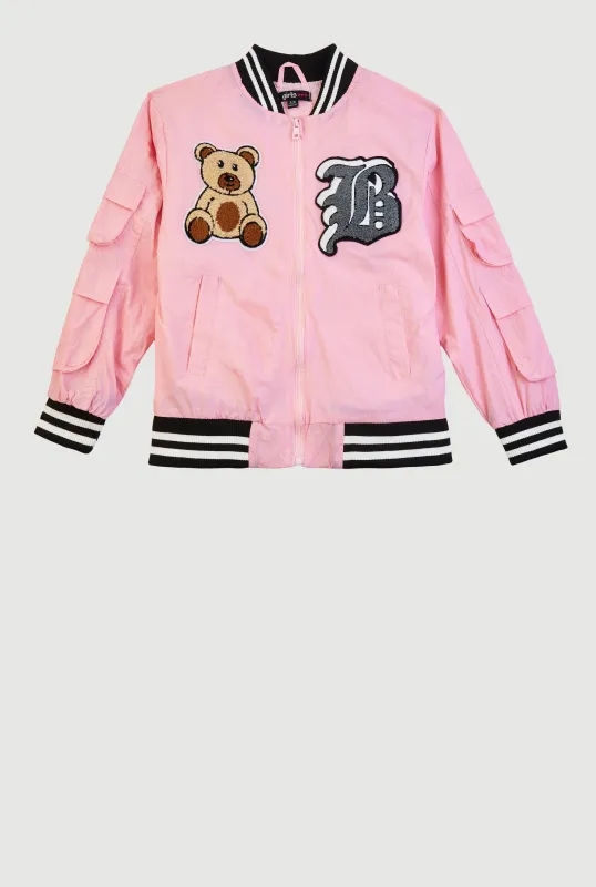 Girls Initial B Chenille Patch Varsity Bomber Jacket sold by Rainbow