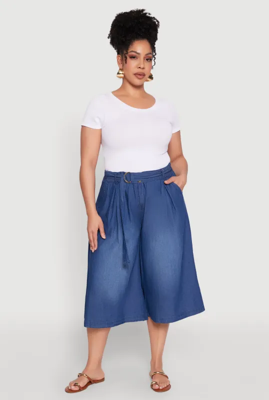 Plus Size Belted Front Denim Culottes sold by Rainbow