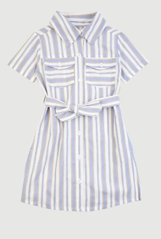 Little Girls Striped Short Sleeve Tie Waist Shirt Dress sold by Rainbow