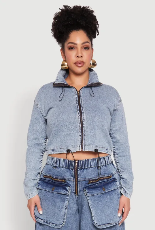 Plus Size Ruched Zip Front Drawstring Hem Jean Jacket sold by Rainbow