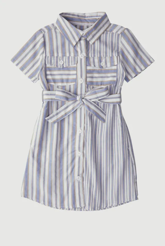 Little Girls Striped Tie Waist Belted Shirt Dress sold by Rainbow