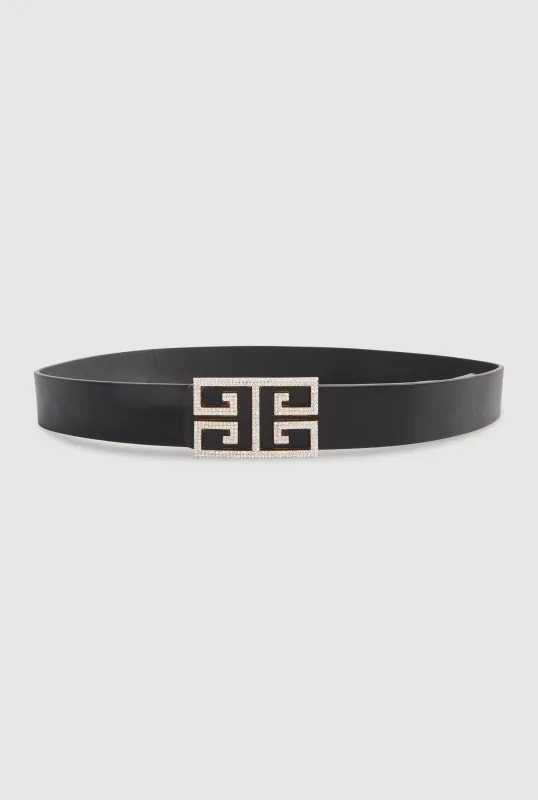 Rhinestone Studded Greek Key Buckle Faux Leather Belt sold by Rainbow