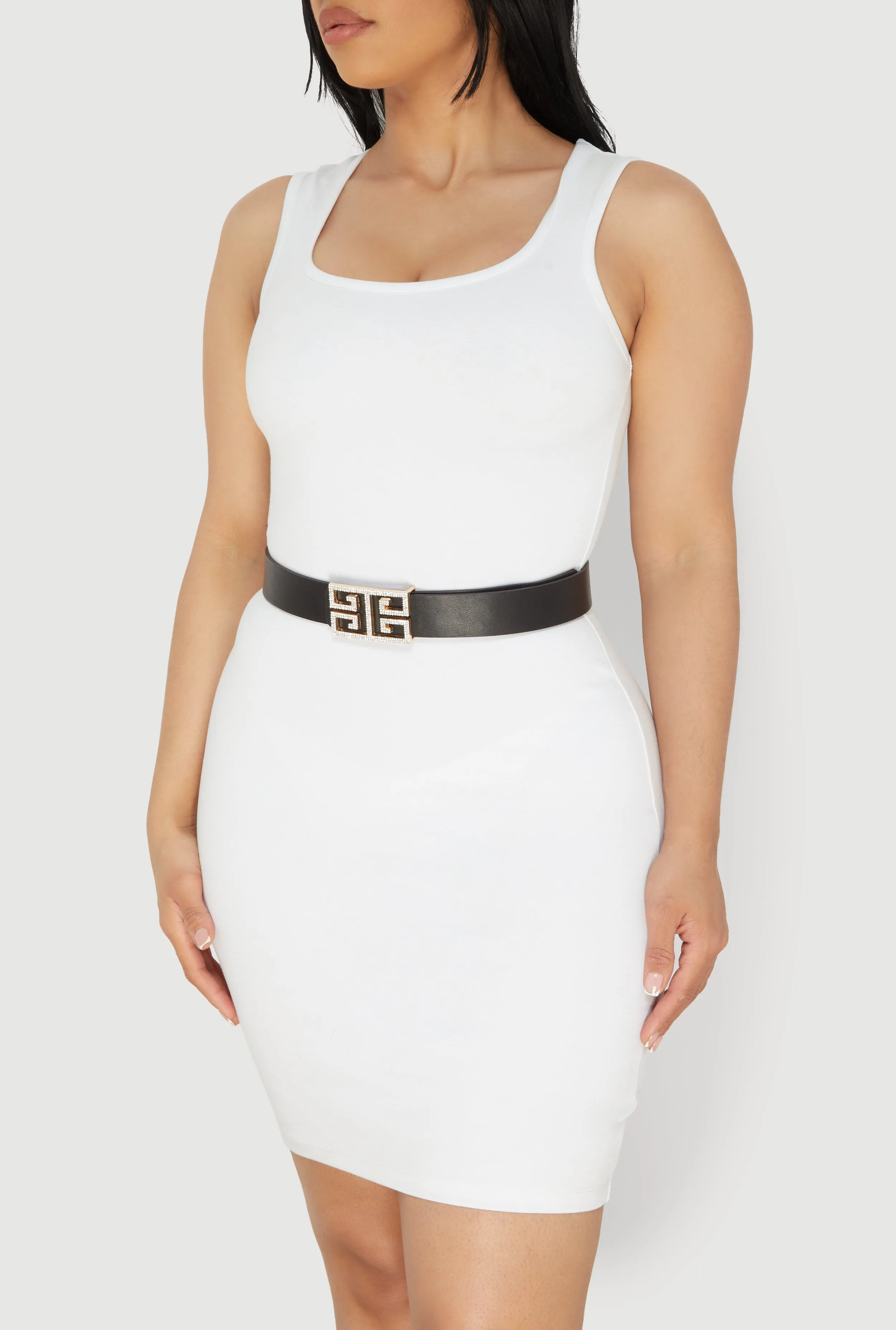 Rhinestone Studded Greek Key Buckle Faux Leather Belt sold by Rainbow product image thumbnail 2