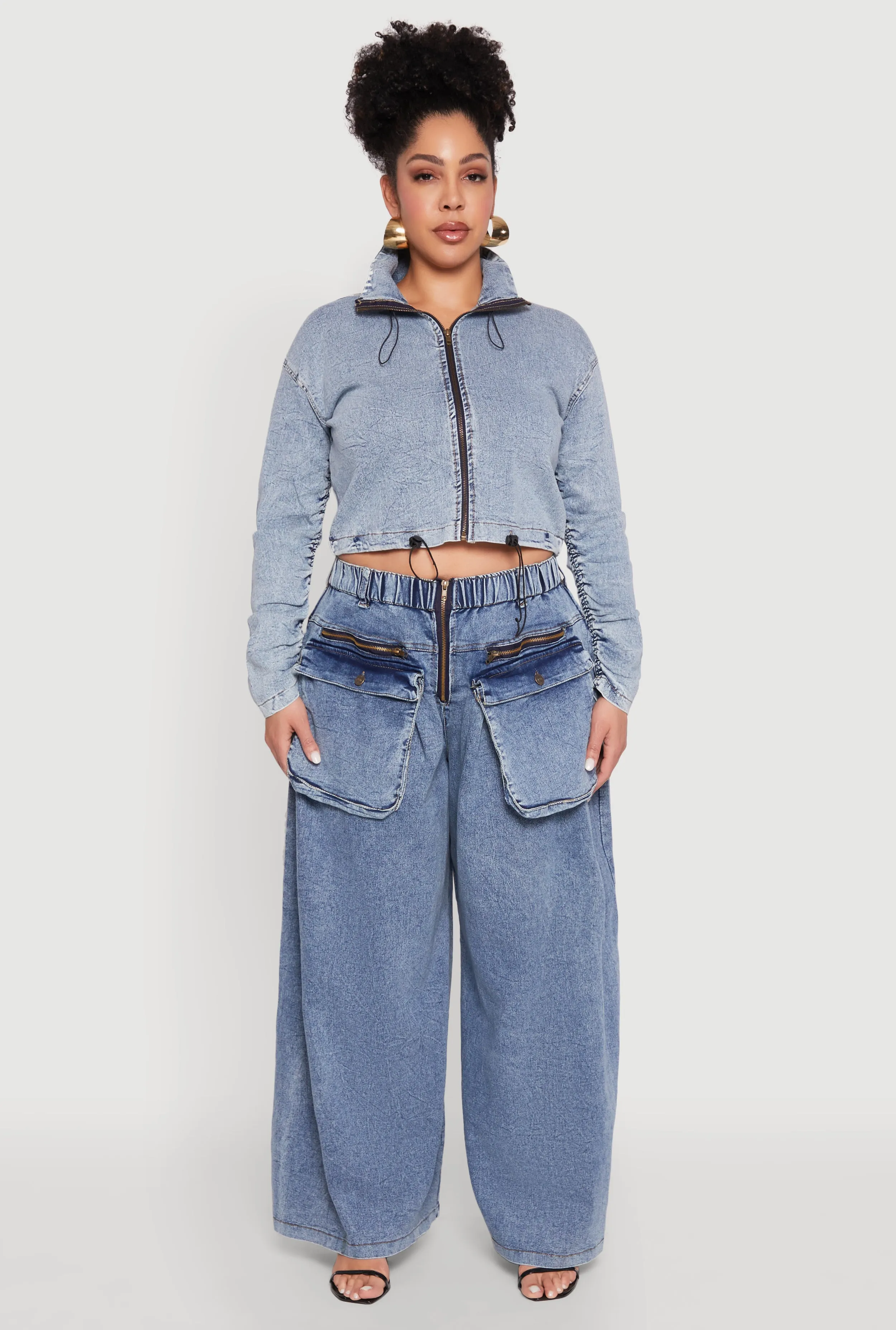Plus Size Zip Front Cargo Wide Leg Jeans sold by Rainbow