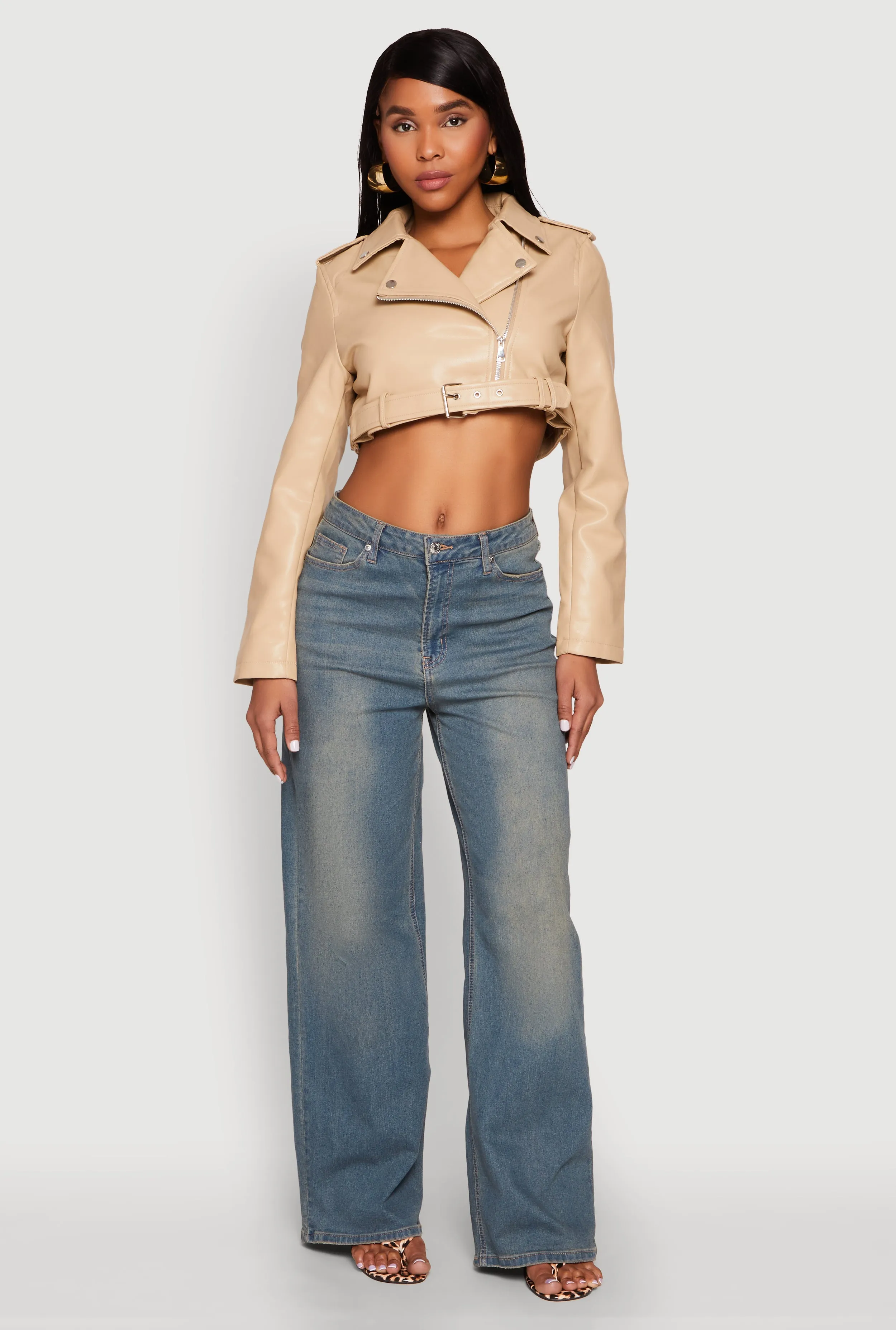 Daisy Faux Leather Belted Front Cropped Moto Jacket sold by Rainbow product image thumbnail 3