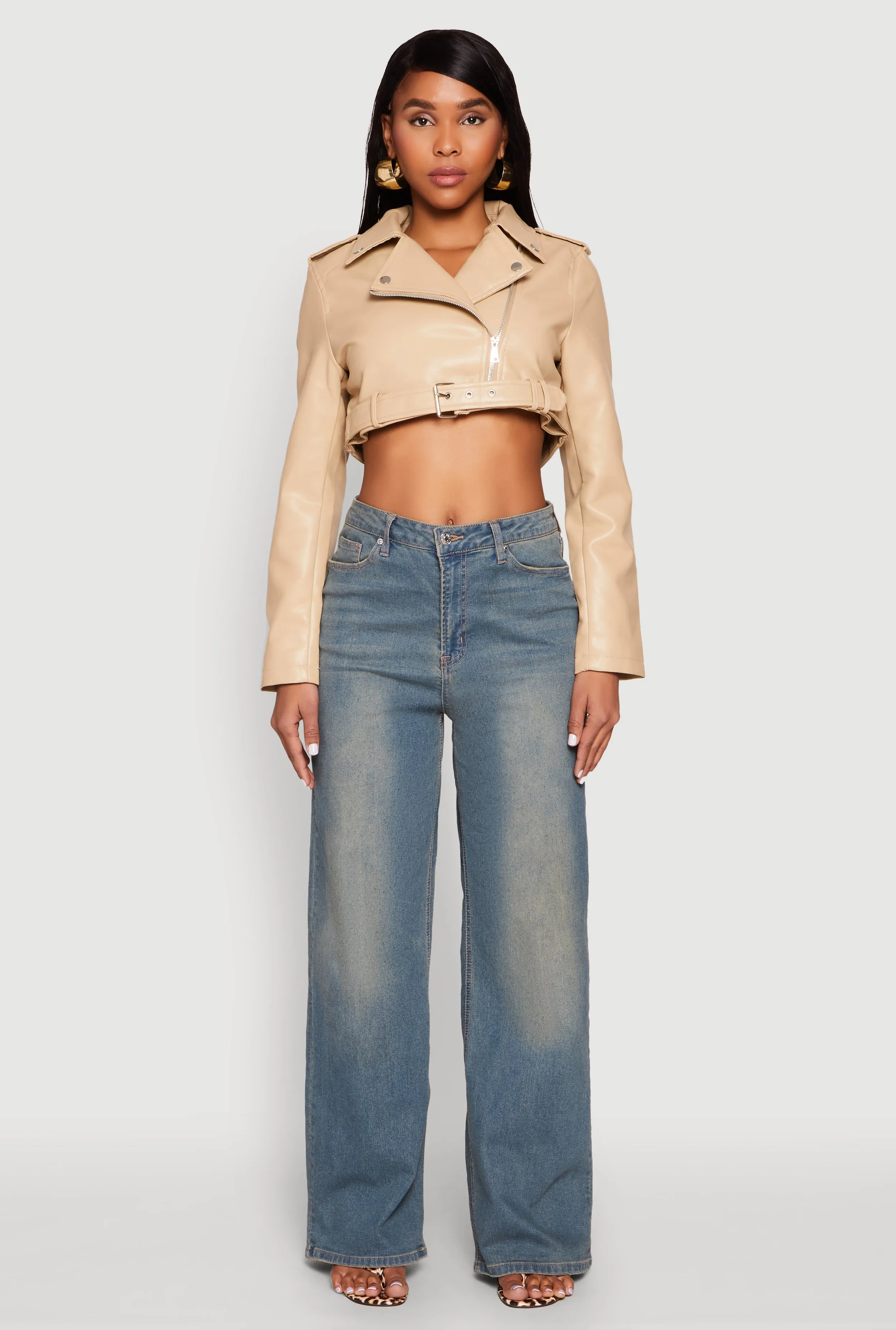 Daisy Faux Leather Belted Front Cropped Moto Jacket sold by Rainbow