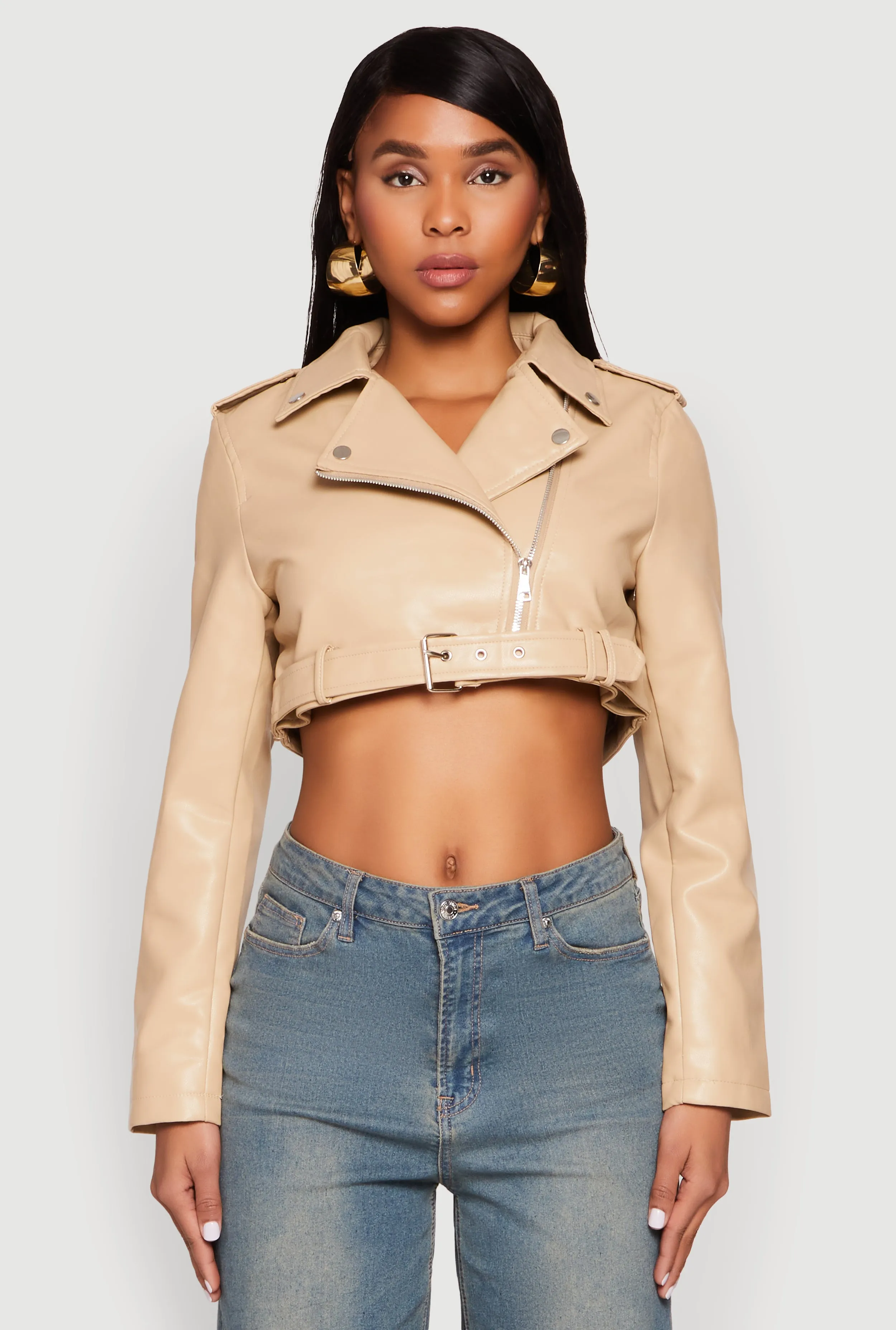 Daisy Faux Leather Belted Front Cropped Moto Jacket sold by Rainbow product image thumbnail 2