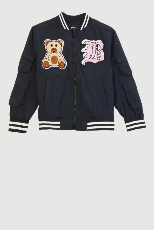 Girls Initial B Chenille Patch Varsity Bomber Jacket sold by Rainbow