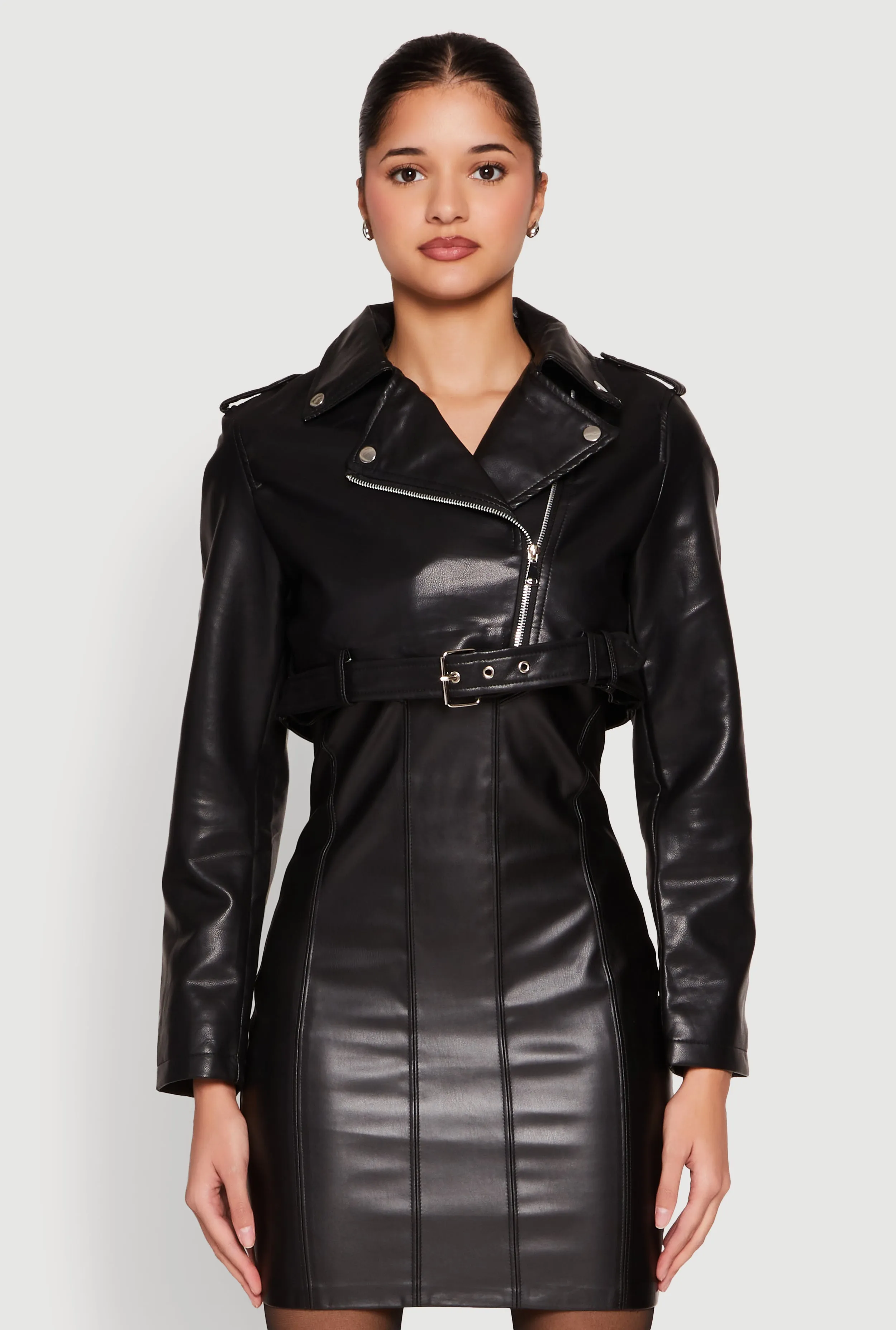 Daisy Faux Leather Belted Front Cropped Moto Jacket sold by Rainbow product image thumbnail 2