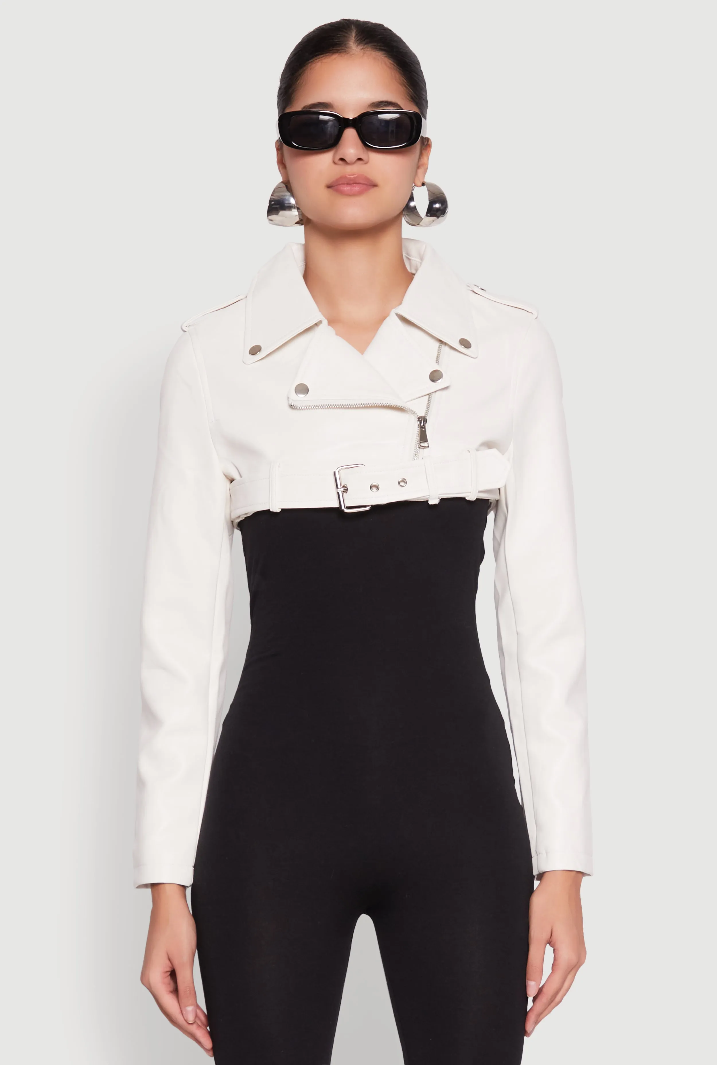 Daisy Faux Leather Belted Front Cropped Moto Jacket sold by Rainbow product image thumbnail 2