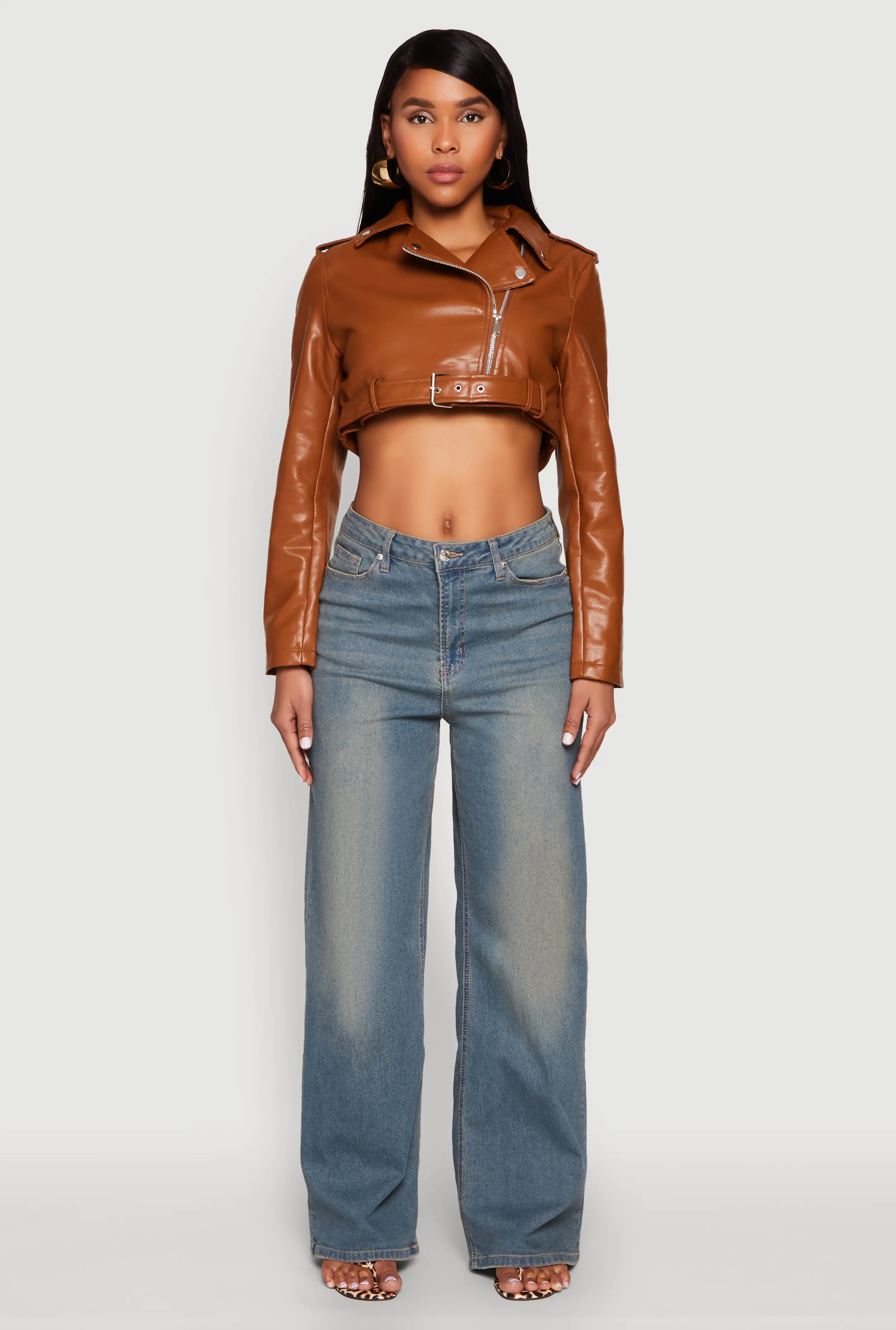 Daisy Faux Leather Belted Front Cropped Moto Jacket sold by Rainbow product image thumbnail 3