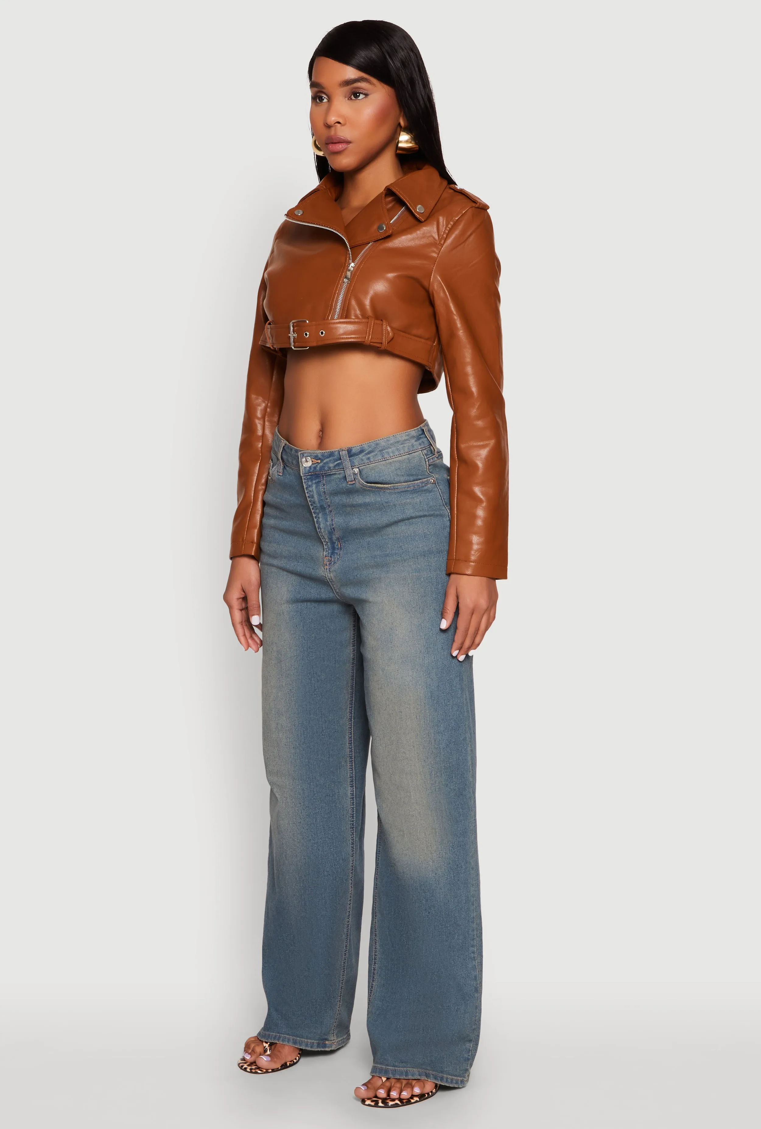 Daisy Faux Leather Belted Front Cropped Moto Jacket sold by Rainbow product image thumbnail 5