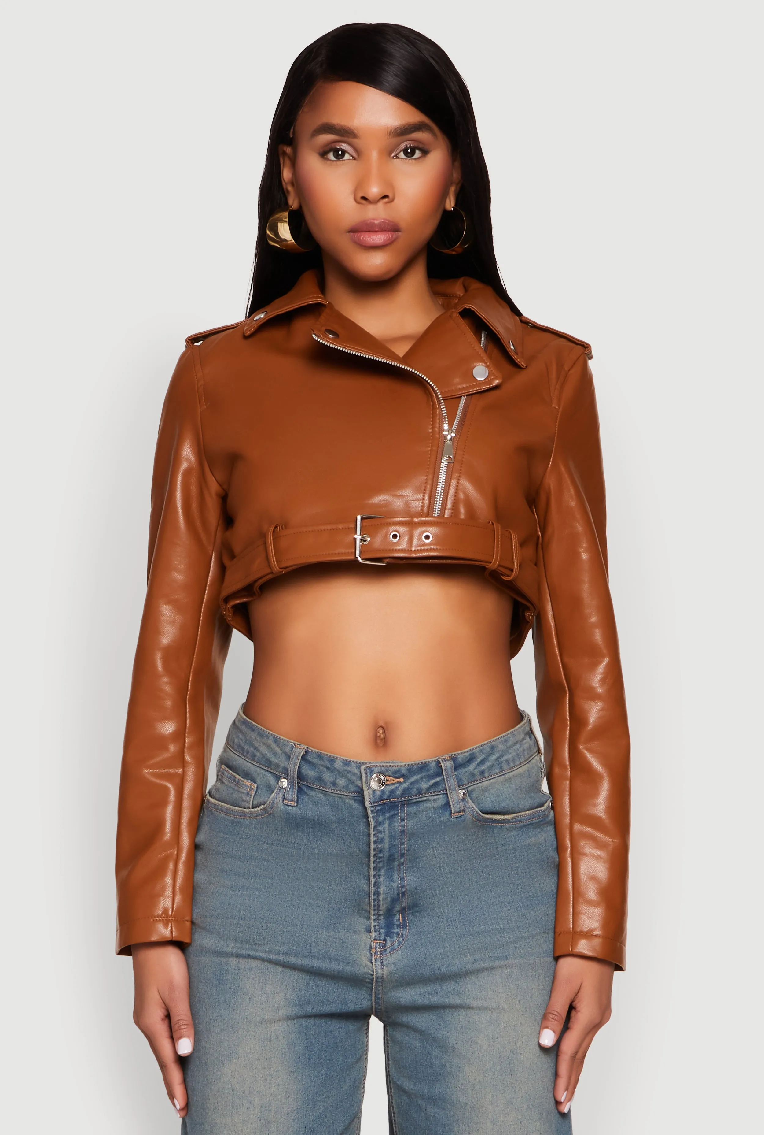 Daisy Faux Leather Belted Front Cropped Moto Jacket sold by Rainbow product image thumbnail 2
