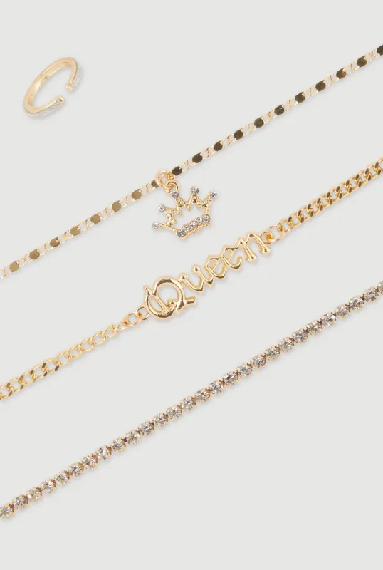 Cubic Zirconia Queen Chain Anklet Trio with Toe Ring sold by Rainbow