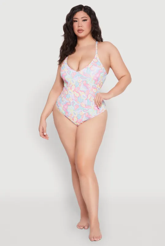 Plus Size Paisley Print One Piece Swimsuit sold by Rainbow