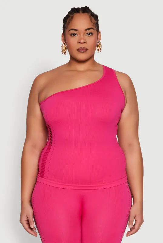 Plus Size Laser Cut Side One Shoulder Top sold by Rainbow