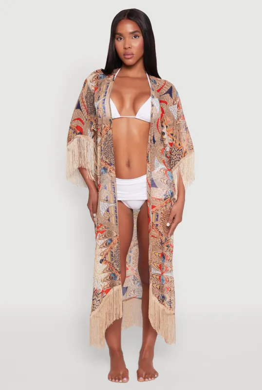 Printed Pattern Fringe Kimono Cover Up sold by Rainbow