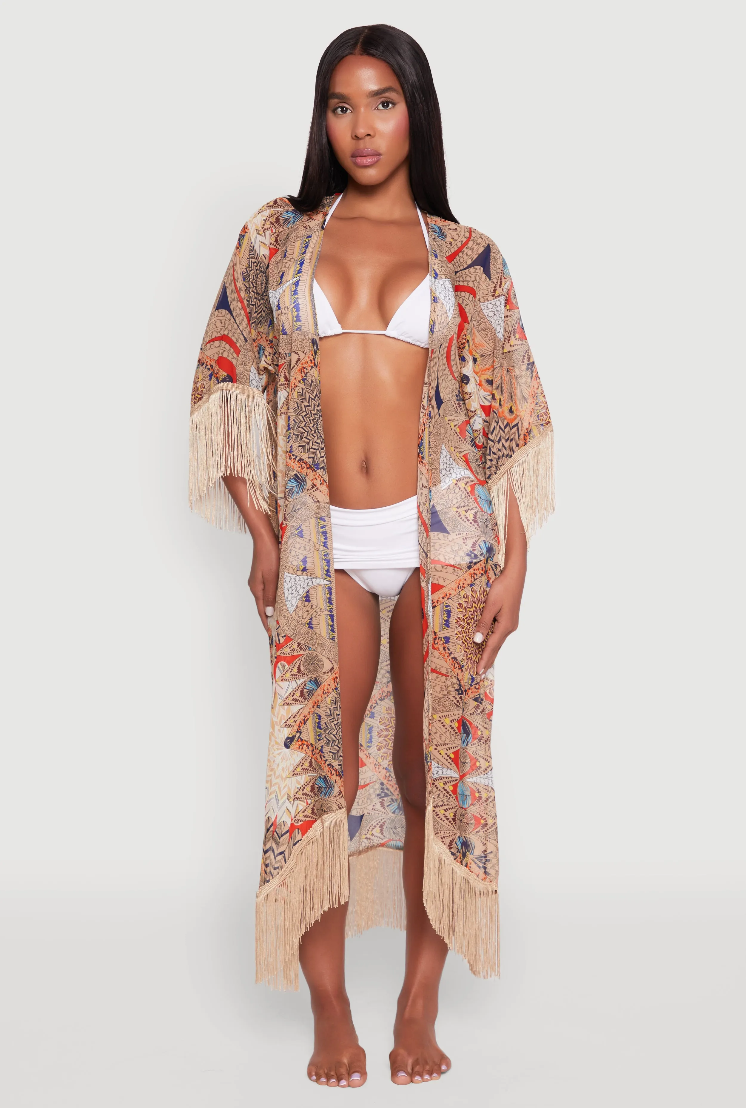 Printed Pattern Fringe Kimono Cover Up sold by Rainbow