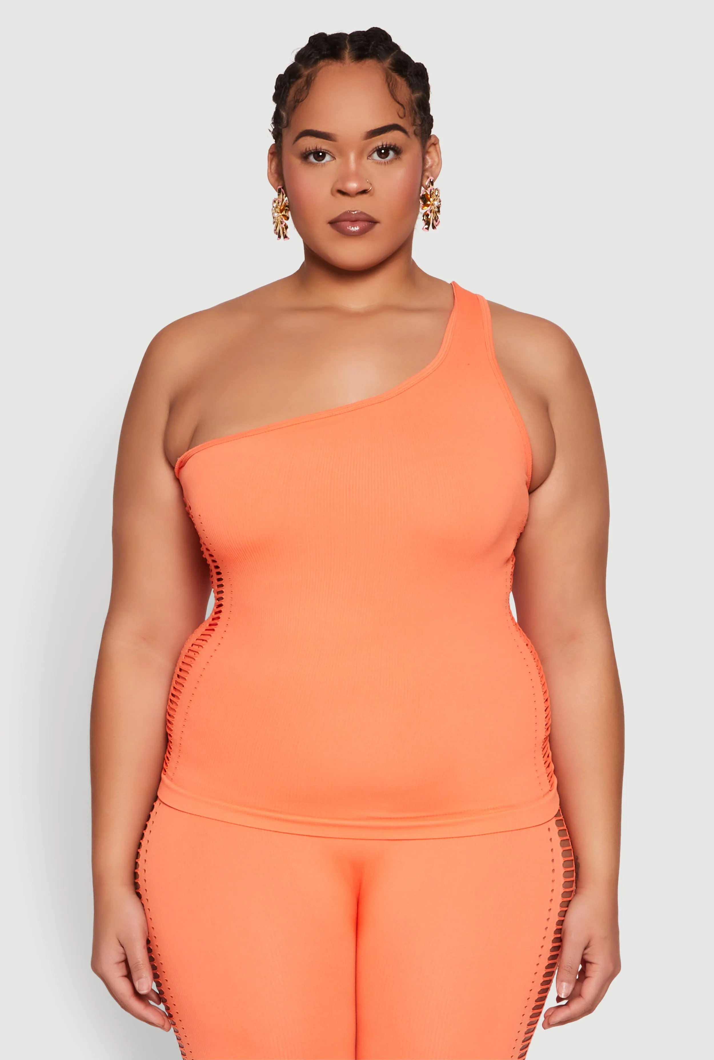 Plus Size Laser Cut Side One Shoulder Top sold by Rainbow
