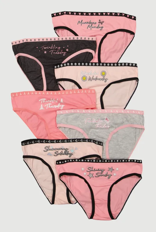 Girls Contrast Trim Graphic Days of The Week Panties 7 Pack sold by Rainbow