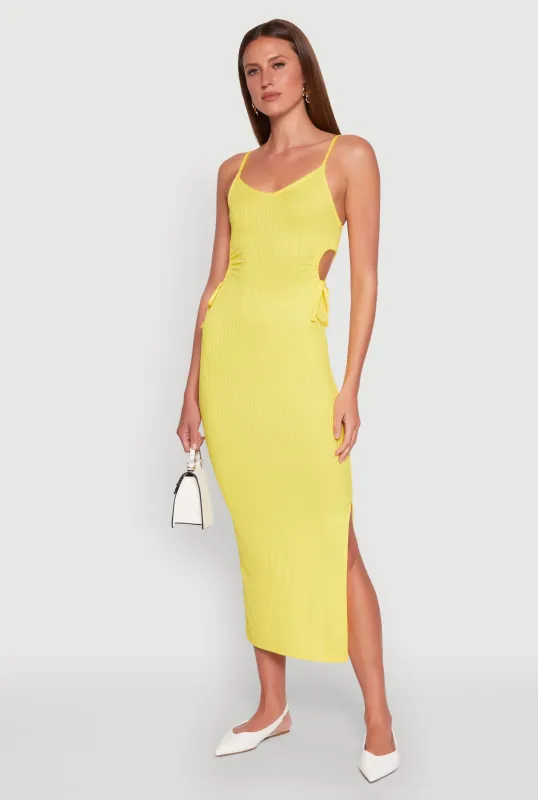 Ribbed Knit Drawstring Cut Out Side Cami Dress sold by Rainbow