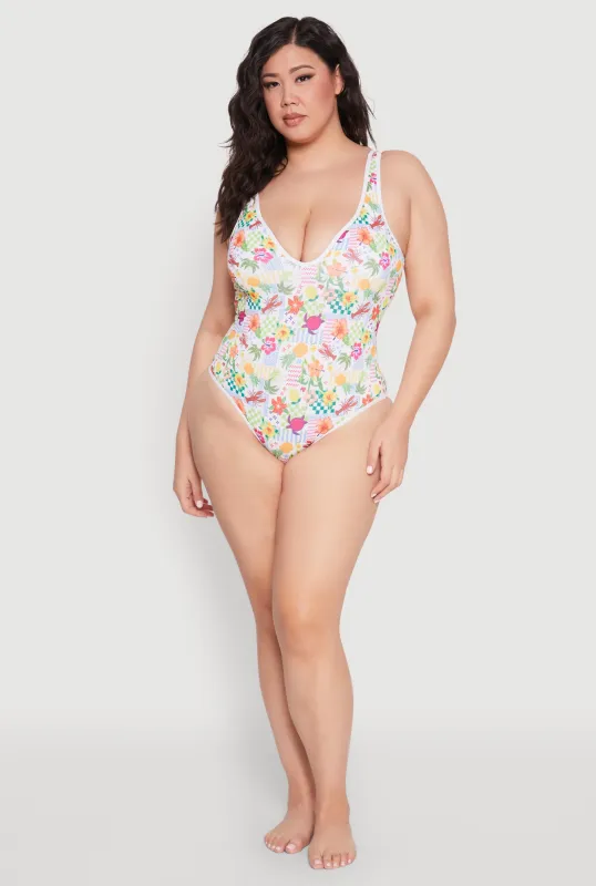 Plus Size Turtle Tropical Floral Print One Piece Swimsuit sold by Rainbow