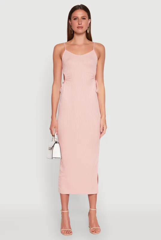 Ribbed Knit Drawstring Cut Out Side Cami Dress sold by Rainbow