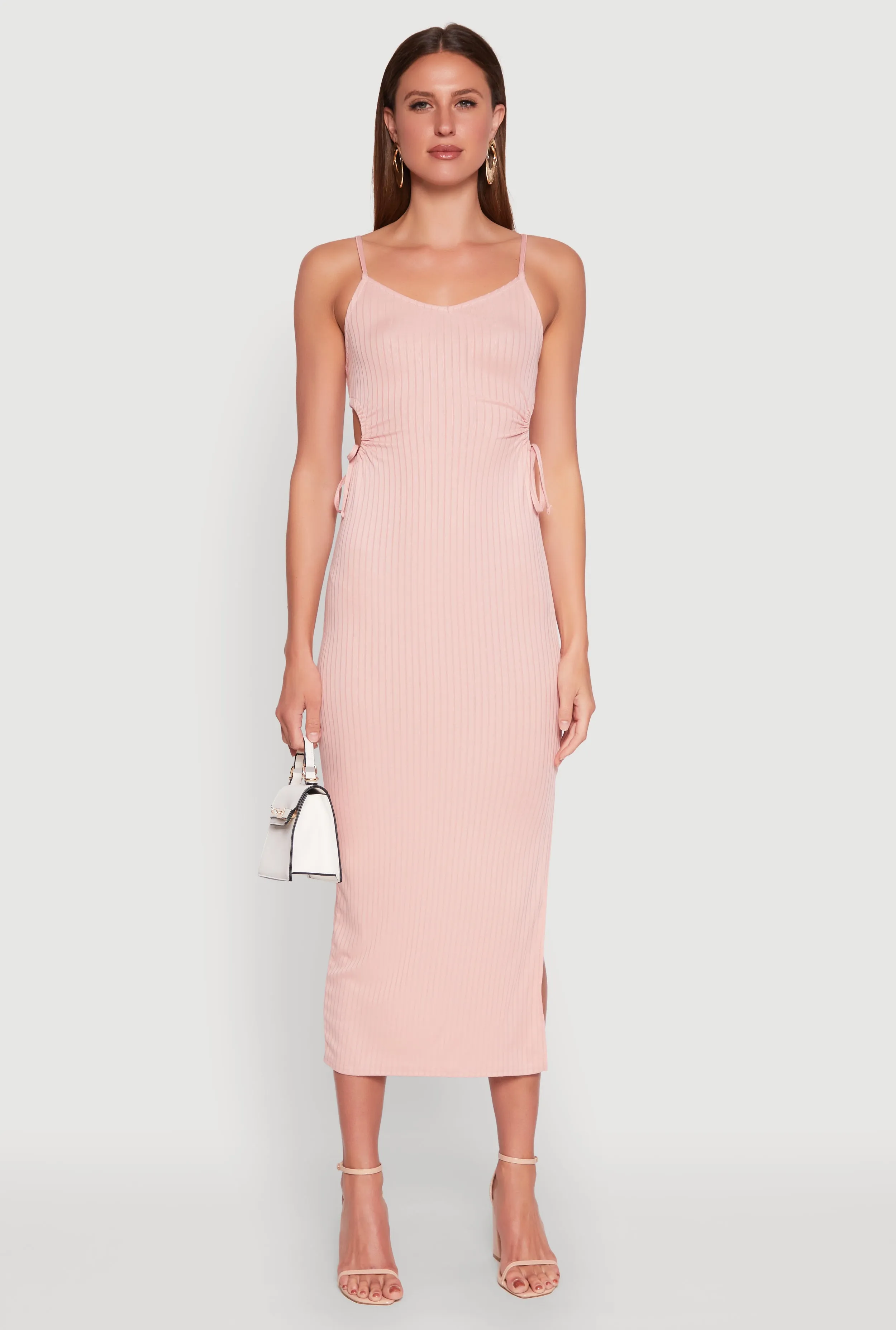 Ribbed Knit Drawstring Cut Out Side Cami Dress sold by Rainbow