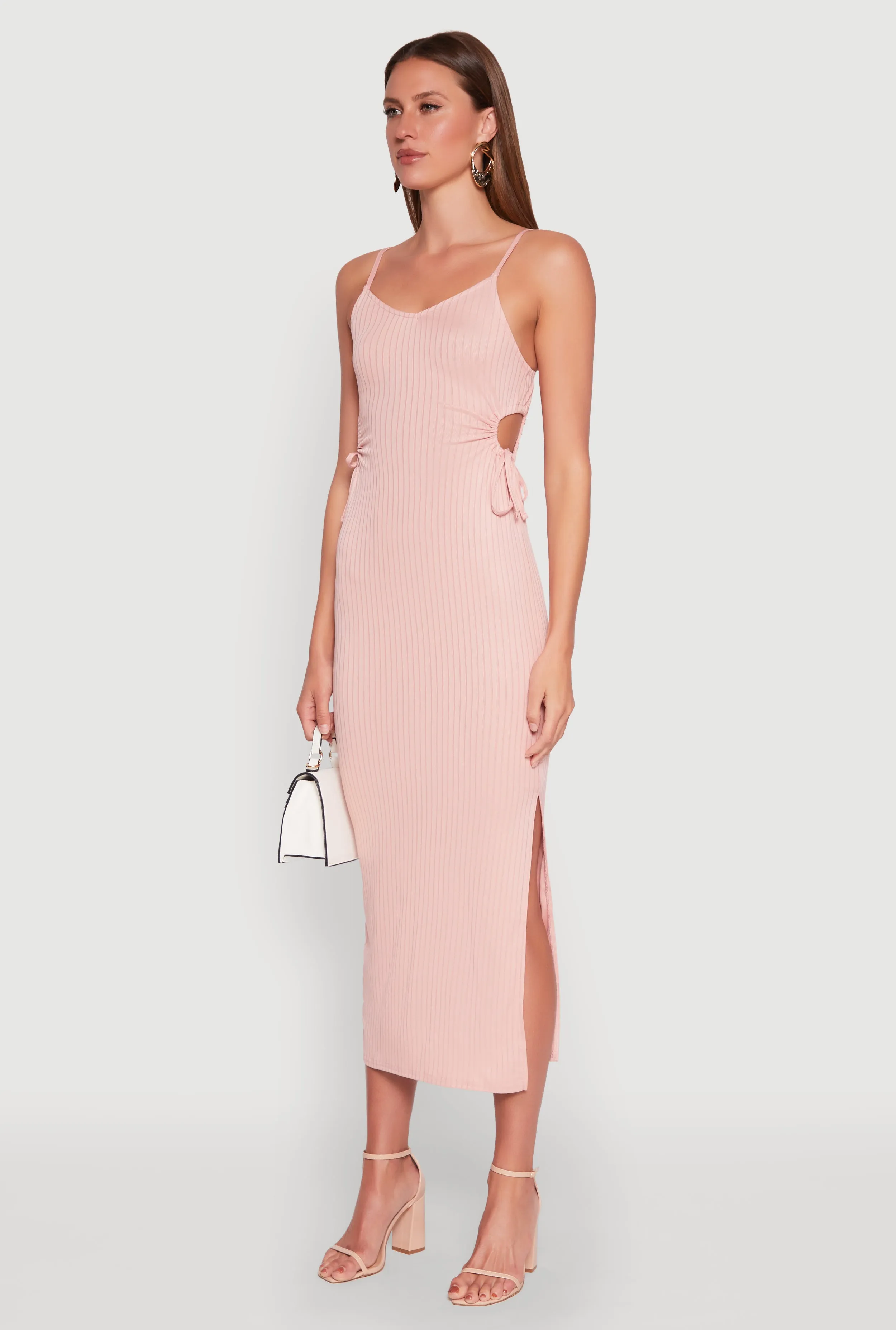 Ribbed Knit Drawstring Cut Out Side Cami Dress sold by Rainbow product image thumbnail 3