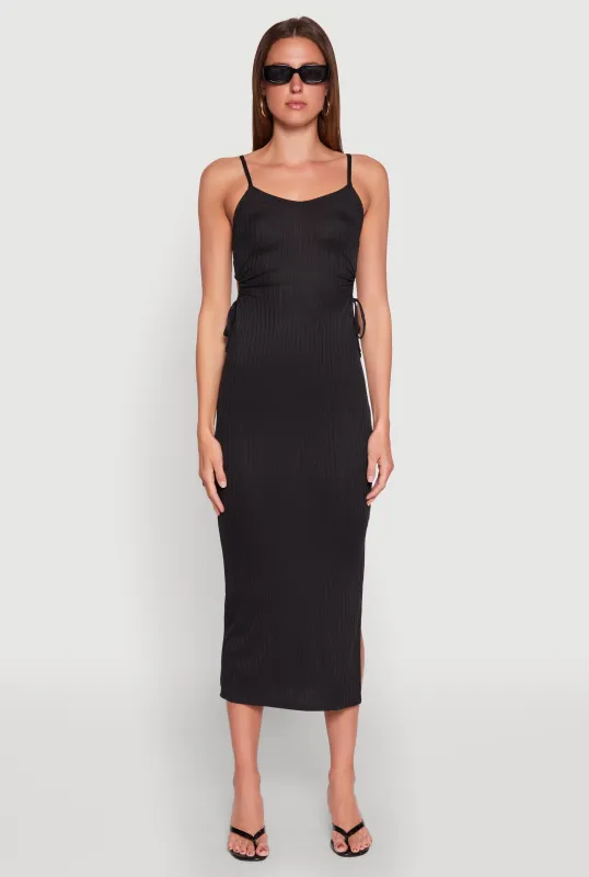 Ribbed Knit Drawstring Cut Out Side Cami Dress sold by Rainbow