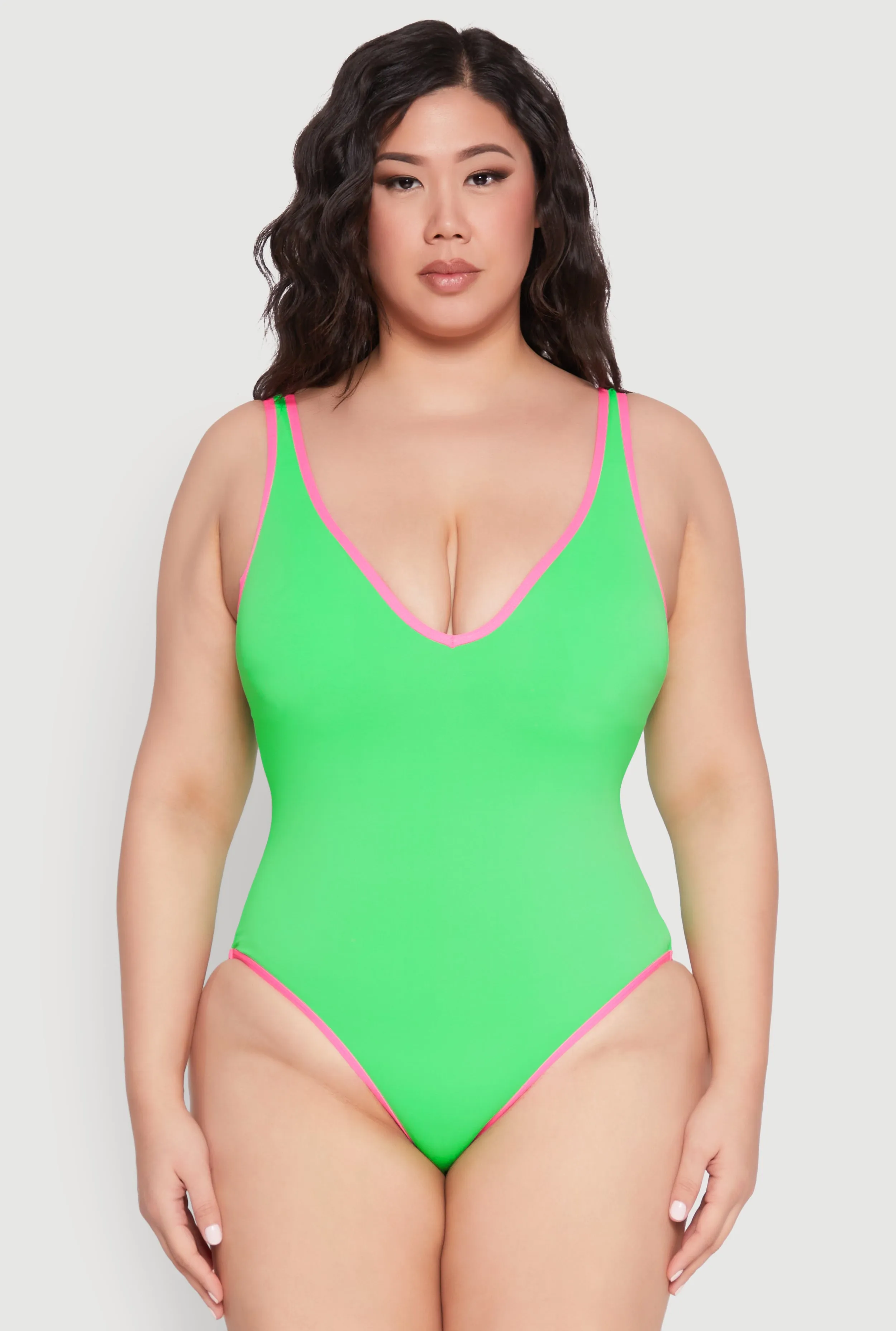 Plus Size Contrast Trim Plunge Neck One Piece Swimsuit sold by Rainbow product image thumbnail 2