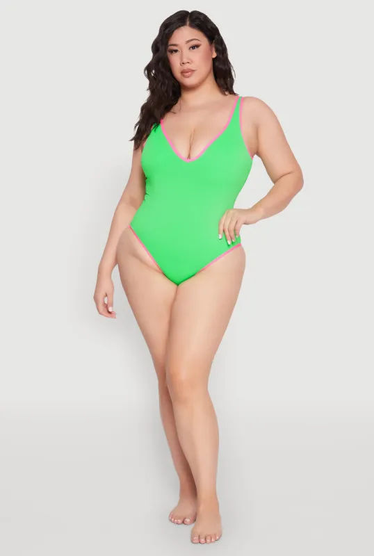 Plus Size Contrast Trim Plunge Neck One Piece Swimsuit sold by Rainbow
