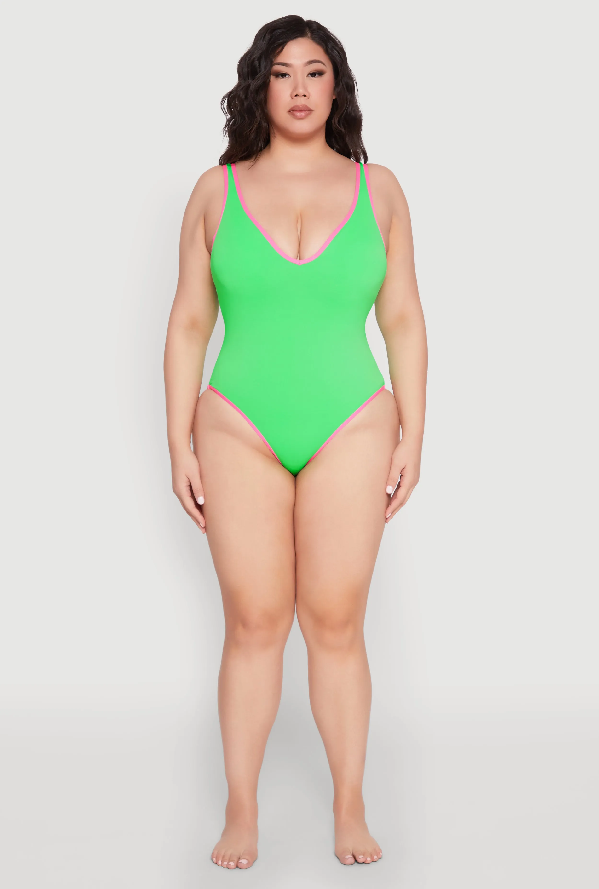 Plus Size Contrast Trim Plunge Neck One Piece Swimsuit sold by Rainbow product image thumbnail 3