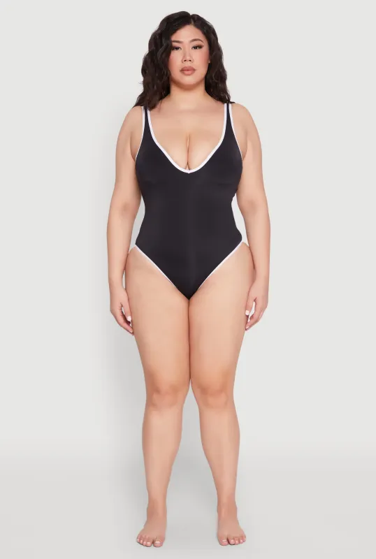 Plus Size Contrast Trim Detail One Piece Swimsuit sold by Rainbow