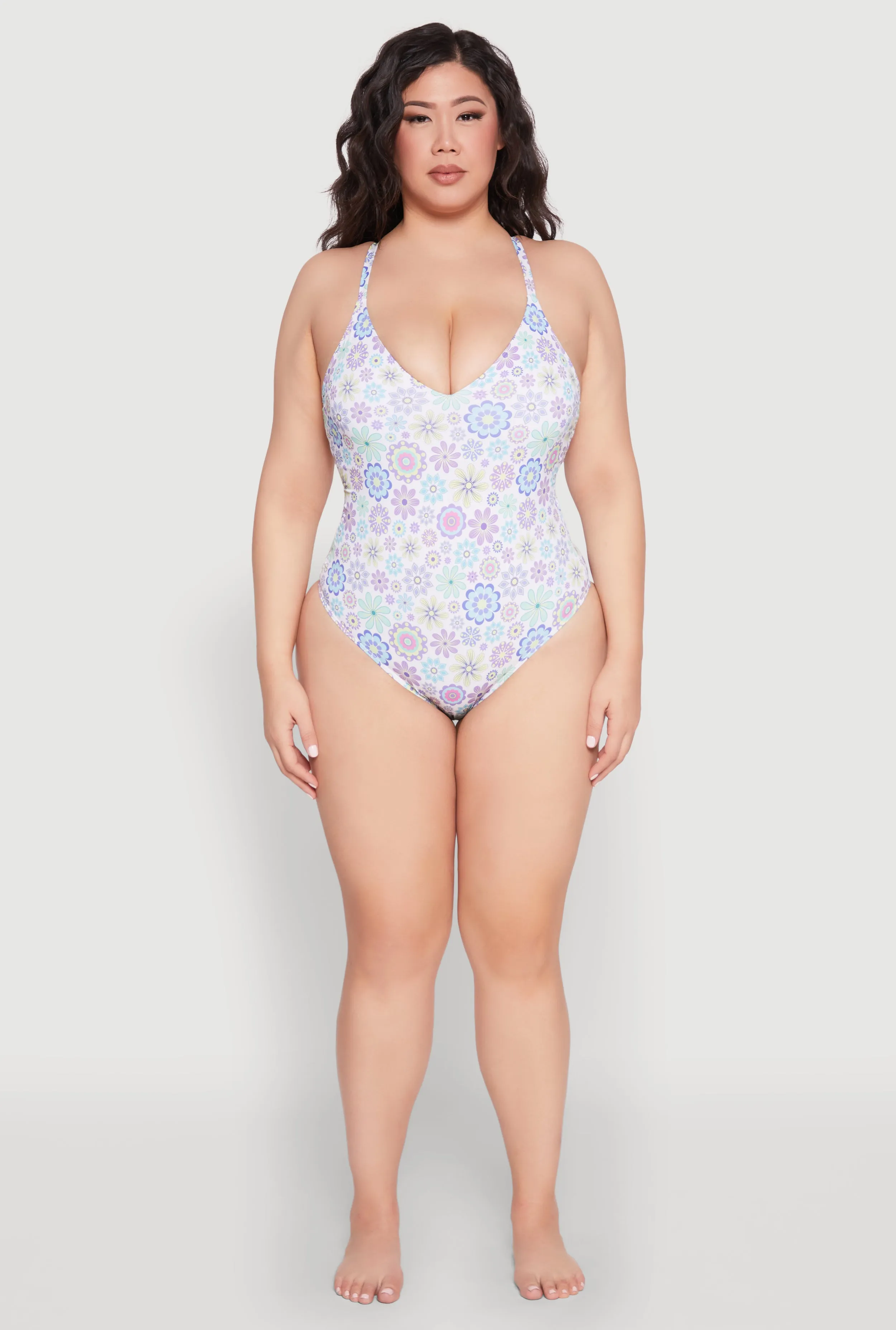 Plus Size Retro Floral V Neck One Piece Swimsuit sold by Rainbow
