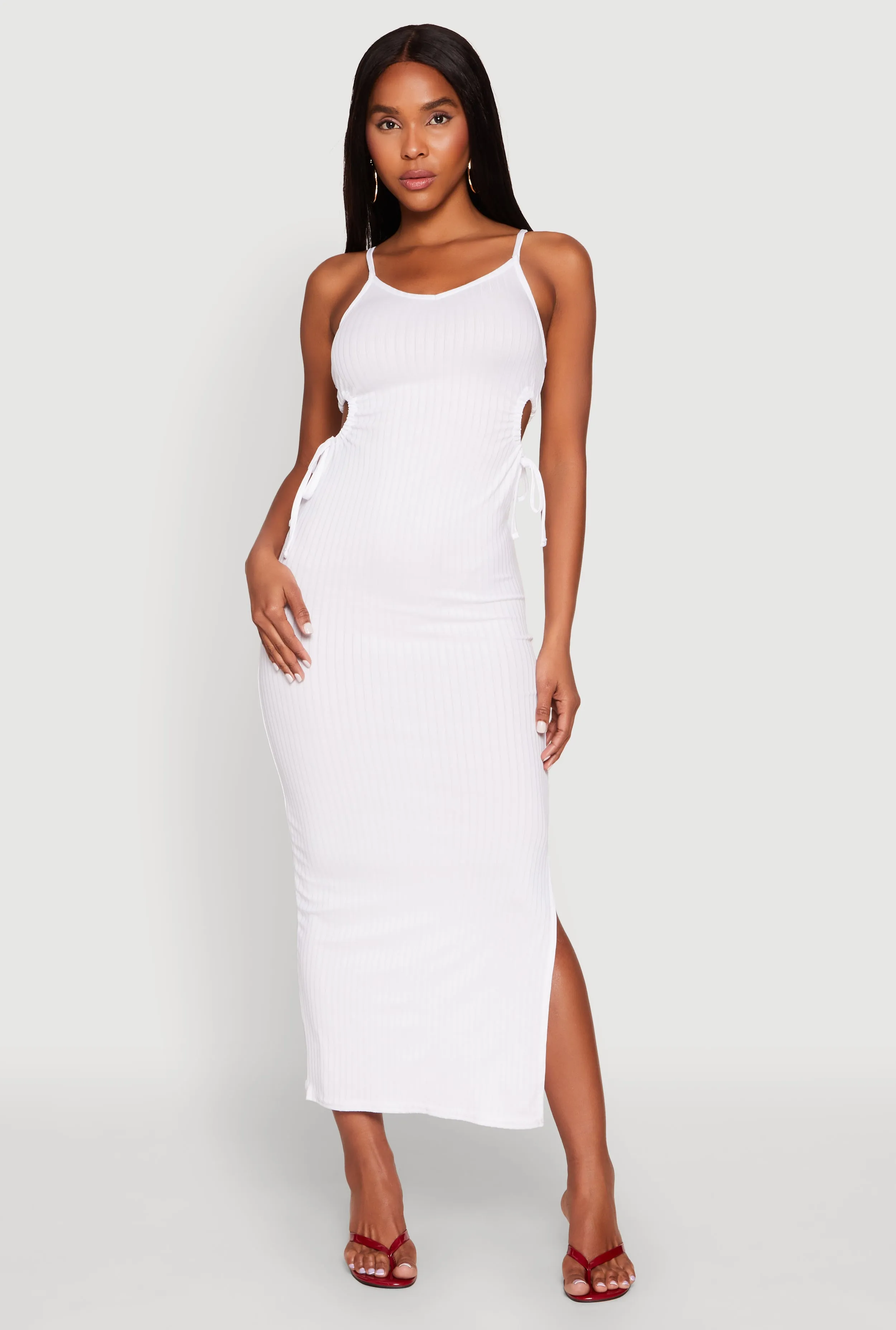 Ribbed Knit Drawstring Cut Out Side Cami Dress sold by Rainbow