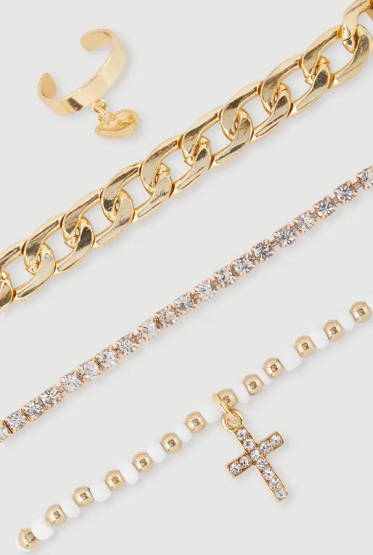 Cubic Zirconia Cross Chain Anklet Trio with Toe Ring sold by Rainbow