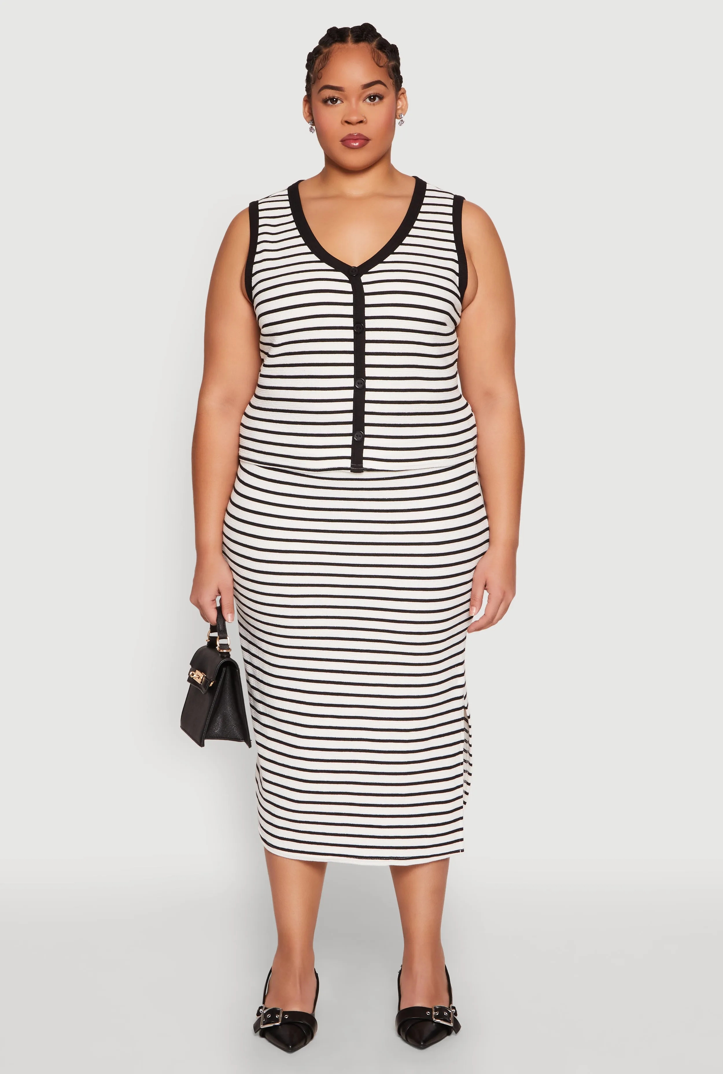 Plus Size Textured Knit Striped Midi Skirt sold by Rainbow