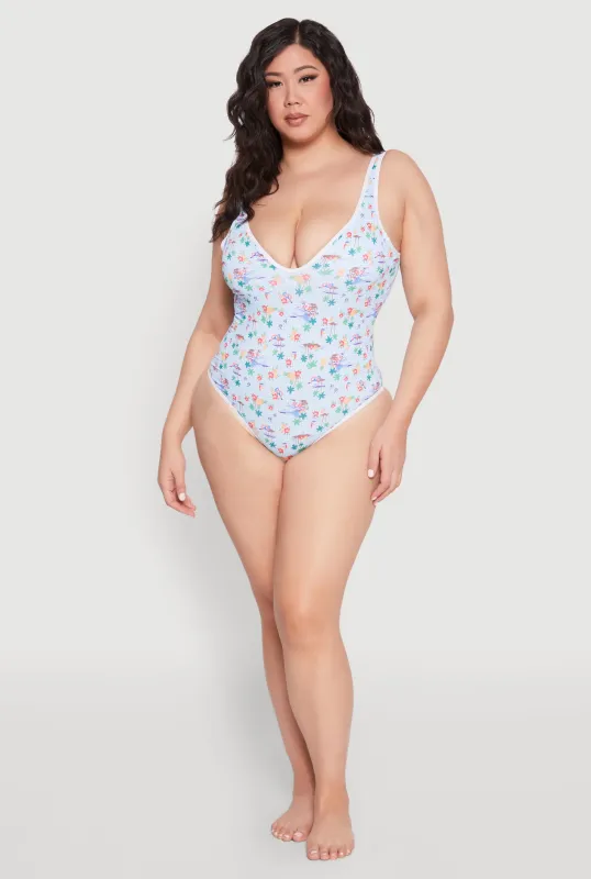 Plus Size Daisy Print Open Back One Piece Swimsuit sold by Rainbow