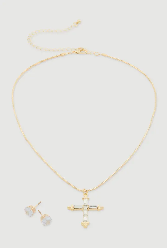 Cubic Zirconia Cross Charm Necklace with Stud Earrings sold by Rainbow