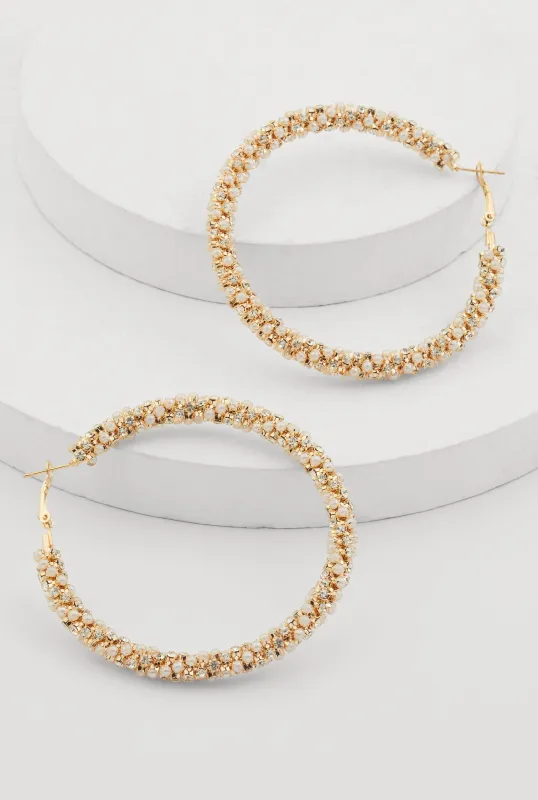 Faux Pearl Rhinestone Encrusted Hoop Earrings sold by Rainbow